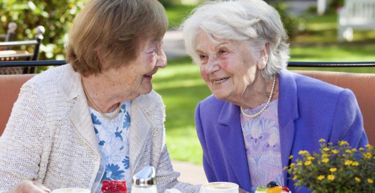 Two older ladies smiling and chatting