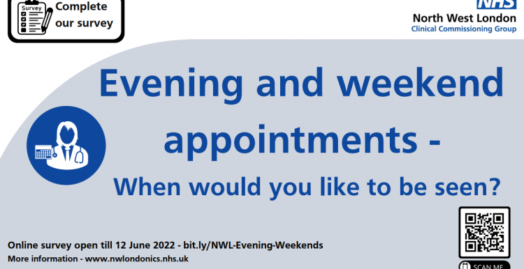 Flyer about a survey on evening and weekend appointments to see a doctor or a nurse