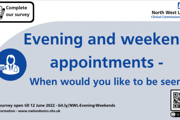 Flyer about a survey on evening and weekend appointments to see a doctor or a nurse